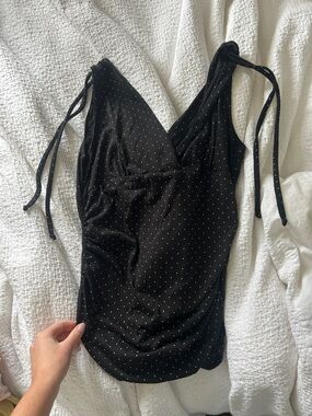 Vintage Black Polka Dot Tie-Shoulder Tank